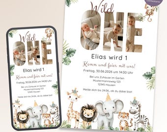Wild One 1st Birthday Invitation for WhatsApp & Printable, Personalized Digital Invitation Card for Children's Birthday Party, Canva Template
