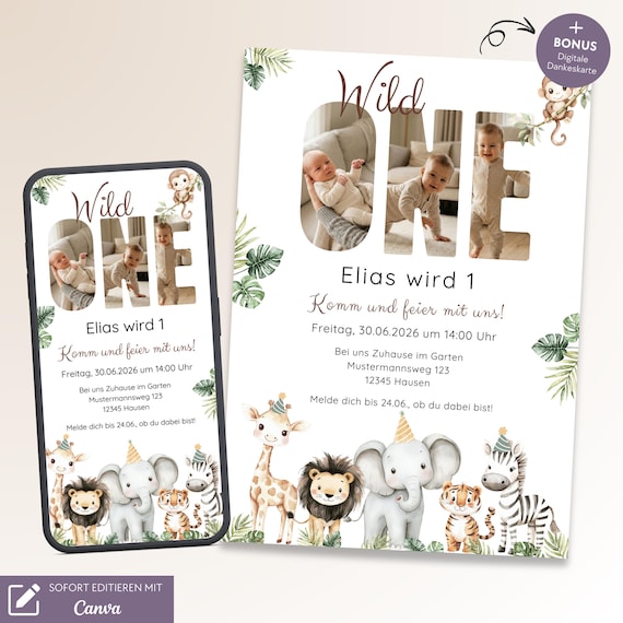 Einladung 1. Geburtstag Wild One für WhatsApp & zum Ausdrucken, Personalisierbare digitale Einladungskarte Kindergeburtstag, Vorlage Canva