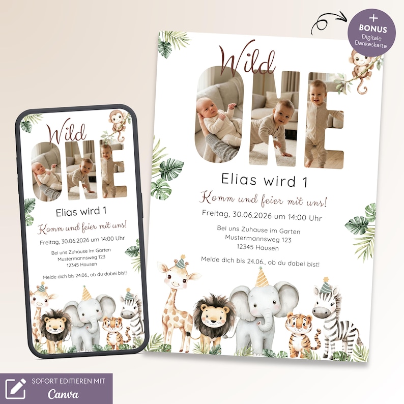 May include: A birthday invitation with the text "Wild One" and a photo of a baby. The invitation includes the name "Elias" and event details. The design features jungle animal illustrations and tropical leaves. A digital thank you card is included.