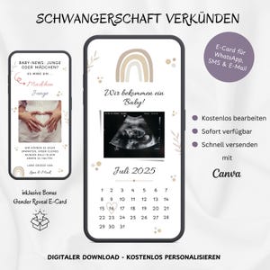 Zwangerschapsaankondiging We hebben een babykaart, aanpasbare digitale babyaankondiging, Rainbow E-Card WhatsApp-sjabloon Canva