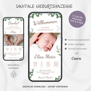 Digitale Geburtsanzeige Baby WhatsApp, Personalisierbare E-Card Verkündung Geburt, Geburtskarte Handy Hallo Welt Hallo Baby, Vorlage Canva