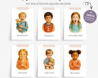 Emotion cards for children. Learning emotions. Cards for children. Montessori learning cards. Download. Watercolor emotion cards for children to print out. PDF.