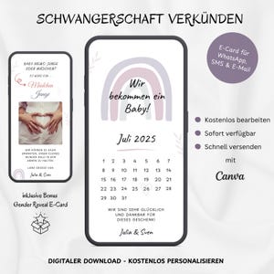 Zwangerschapsaankondiging We krijgen een babykaart, aanpasbare digitale babyaankondiging WhatsApp, Rainbow E-card sjabloon Canva
