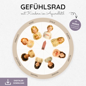 May include: A circular chart with watercolor illustrations of children representing different emotions. The chart includes the words "Gefühlsrad" and "mit Kindern im Aquarellstil". The emotions are labeled in German, such as "Müde" and "Stolz".