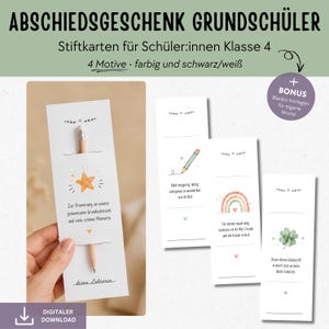 Könnte beinhalten: Abschiedsgeschenk-Karten für Grundschüler mit farbigen Illustrationen von Stern, Bleistift, Regenbogen und Kleeblatt. Jede Karte hat einen Bleistift und Text. Das Set enthält Bonus-Vorlagen für eigene Worte.