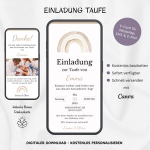 Digitale Einladung Taufe Regenbogen Boho, personalisierbare Einladungskarte Taufe neutral, Taufeinladung Regenbogen WhatsApp, Vorlage Canva