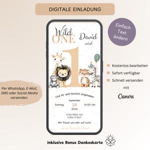Wild One Einladung Kindergeburtstag, Personalisierbare digitale Einladungskarte 1. Geburtstag, E-Card WhatsApp Safari Tiere, Vorlage Canva
