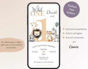 Wild One Children's Birthday Invitation, Personalized Digital Invitation Card for 1st Birthday, E-Card for WhatsApp, Safari Animals, Canva Template