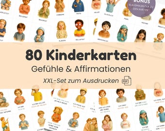 80 Gefühlskarten Kinder Affirmationskarten Aquarell PDF-Set Emotionen & Gefühle lernen Mutmachkarten Kinder Montessori Lernkarten ausdrucken