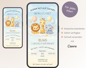 Children's birthday invitation 1st birthday safari animals personalizable digital invitation card birthday jungle WhatsApp template Canva