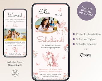 Invitación digital para primer día de colegio de niñas con unicornio, tarjeta electrónica personalizada para WhatsApp, invitación para el primer día de colegio con foto, plantilla Canva