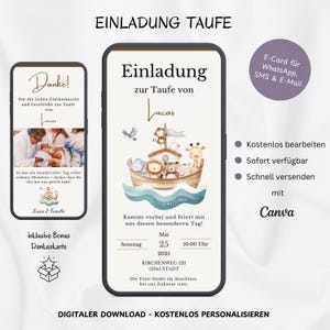 Digitale Einladung Taufe Arche Noah, personalisierbare Einladungskarte Taufe Jungen Mädchen, Ecard Taufeinladung WhatsApp Baby Vorlage Canva