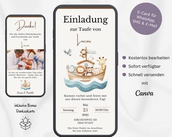 Digital invitation baptism Noah's Ark, personalizable invitation card baptism boy girl, ecard baptism invitation WhatsApp baby template Canva