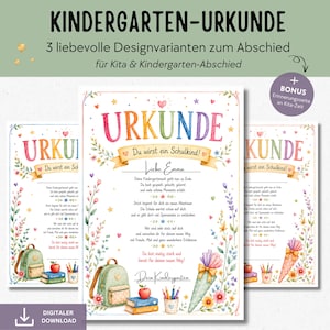 Pode incluir: Três certificados coloridos de formatura do jardim de infância com ilustrações florais e escolares. Cada certificado apresenta a palavra "URKUNDE" em cores do arco-íris, com texto em alemão. Inclui uma opção de download digital.