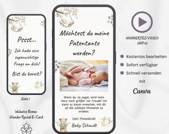 Madrina chiede e-card, Vuoi essere la mia madrina, Scheda digitale personalizzabile che annuncia la gravidanza del bambino, modello Canva