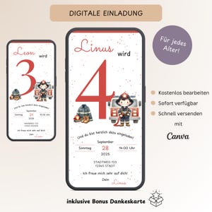 Invito digitale per bambini compleanno vigili del fuoco, biglietto d'invito personalizzabile festa di compleanno per ragazzi, modello WhatsApp per cellulare E-Card Canva