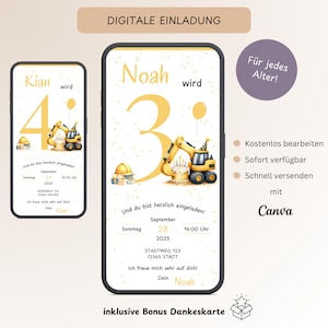 Digitale Einladung Kindergeburtstag Bagger, Personalisierbare Einladungskarte Baustelle, E-Card WhatsApp Geburtstag Junge gelb Vorlage Canva