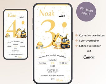 Digital invitation children's birthday excavator, personalizable invitation card construction site, e-card WhatsApp birthday boy yellow template Canva