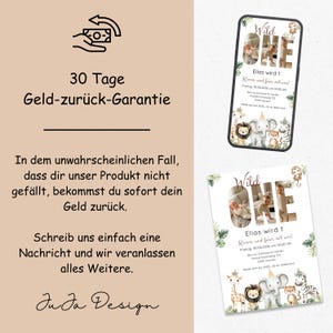 May include: A digital invitation for a first birthday party with a safari theme. The invitation features the text "Wild One" and includes a photo of the child. The design includes illustrations of safari animals.