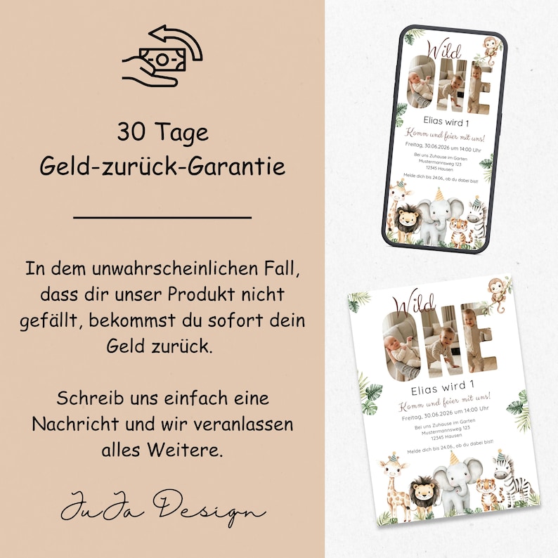 May include: A digital invitation for a first birthday party with a safari theme. The invitation features the text "Wild One" and includes a photo of the child. The design includes illustrations of safari animals.