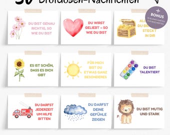 Peut inclure: Ensemble de 30 cartes de notes pour boîtes à lunch imprimables, avec des illustrations à l'aquarelle et des affirmations positives en allemand. Les notes présentent des images de fleurs, d'un cœur, d'un coffre au trésor, d'un tournesol, d'un soleil, etc.