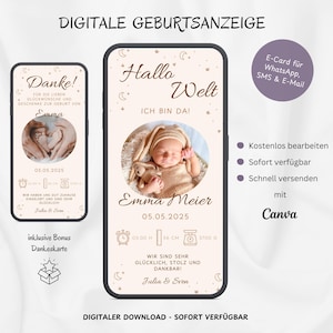 Annonce de naissance numérique WhatsApp, e-carte personnalisable annonçant la naissance d'un bébé, carte de naissance sur téléphone portable Hello World Hello Baby, modèle Canva