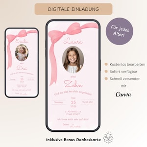 Invitation 10e Anniversaire Fille Noeud Rose, Carte d'invitation numérique personnalisable anniversaire enfant avec photo, modèle Canva Coquette