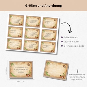 May include: A set of nine printable cards with instructions for a nature scavenger hunt. The cards are 6.2 inches tall and 8.3 inches wide. The cards are printed on a brown background with green and brown illustrations of plants and a small wooden chest. The cards are designed to be printed on A4 paper and cut out. The text on the cards is in German.
