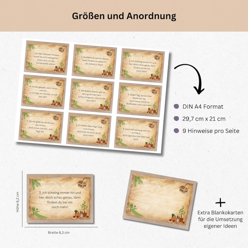 May include: A set of nine printable cards with instructions for a nature scavenger hunt. The cards are 6.2 inches tall and 8.3 inches wide. The cards are printed on a brown background with green and brown illustrations of plants and a small wooden chest. The cards are designed to be printed on A4 paper and cut out. The text on the cards is in German.