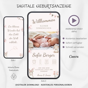 Anuncio de nacimiento digital niña WhatsApp animado, tarjeta electrónica personalizable anuncio de nacimiento foto, tarjeta de nacimiento móvil bebé, plantilla Canva