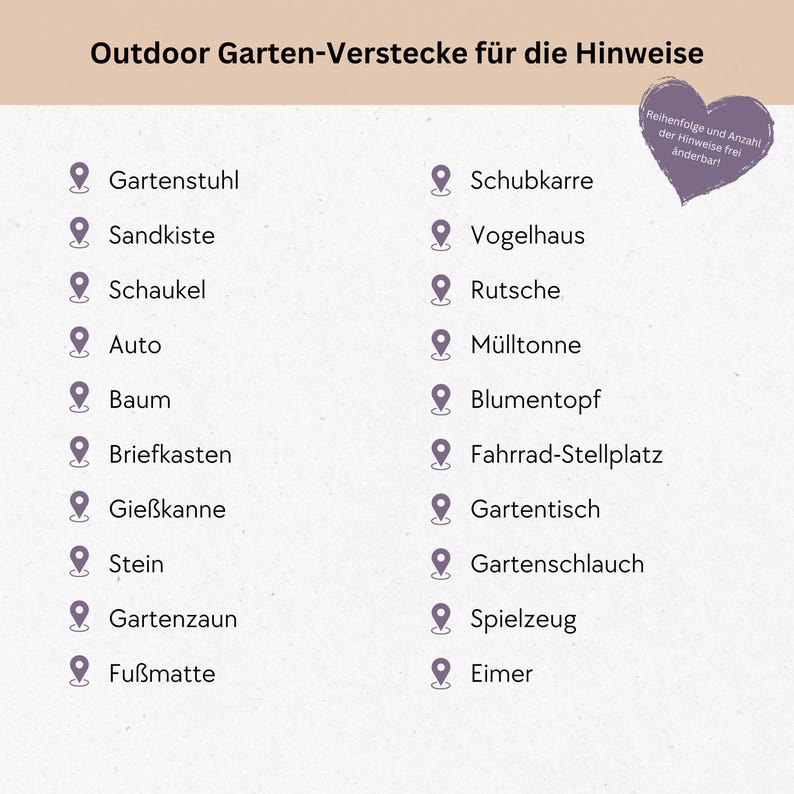 K&ouml;nnte beinhalten: Beige Grafik mit einer Liste von Gartenartikeln auf Deutsch, darunter ein Gartenstuhl, Sandkasten, Schaukel, Auto, Baum, Briefkasten, Gie&szlig;kanne, Stein, Gartenzaun, Fu&szlig;matte, Schubkarre, Vogelhaus, Rutsche, M&uuml;lltonne, Blumentopf, Fahrradst&auml;nder, Gartentisch, Gartenschlauch, Spielzeug und Eimer.