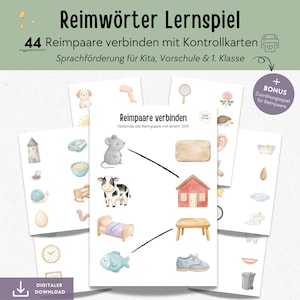 Rhyming Words Learning Game for Children (PDF), Match 44 Rhyming Pairs, Worksheets for Language Development in Kindergarten, Daycare, Preschool, and 1st Grade