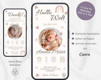 Digital Birth Announcement WhatsApp Rainbow Boho, Personalizable Ecard Announcement Birth Birth Card Mobile Hello World Baby Template Canva