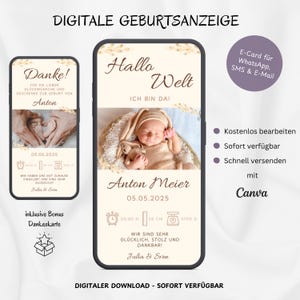 Anuncio de nacimiento digital WhatsApp Boho, Anuncio de nacimiento de tarjeta electrónica personalizable, Tarjeta de nacimiento de teléfono móvil Hola mundo Hola bebé, Plantilla Canva