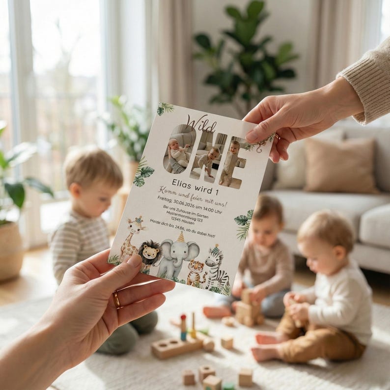 May include: A birthday invitation with the words "Wild One" and the name "Elias" printed on it. The invitation features a photo and illustrations of jungle animals. The invitation is held by a person in front of a group of children.