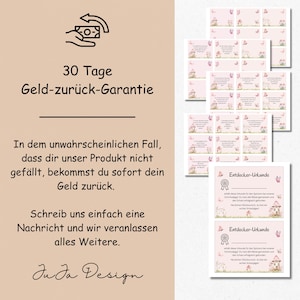 Pu&ograve; includere: Un certificato stampabile rosa e bianco con il testo "Entdecker-Urkunde" e una grafica di farfalla rosa. Il certificato &egrave; per un esploratore e include una grafica di casa rosa con un tetto verde e una porta bianca. Il testo "30 Tage Geld-zur&uuml;ck-Garantie" &egrave; anche incluso nell'immagine.