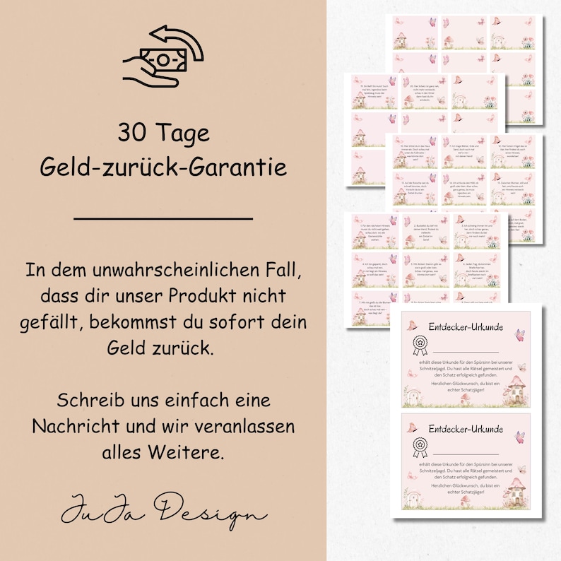 Pu&ograve; includere: Un certificato stampabile rosa e bianco con il testo "Entdecker-Urkunde" e una grafica di farfalla rosa. Il certificato &egrave; per un esploratore e include una grafica di casa rosa con un tetto verde e una porta bianca. Il testo "30 Tage Geld-zur&uuml;ck-Garantie" &egrave; anche incluso nell'immagine.