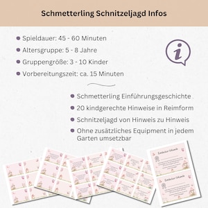 Pu&ograve; includere: Un set di 20 indizi in rima stampabili per una caccia al tesoro a tema farfalla. Gli indizi sono progettati per bambini di et&agrave; compresa tra 5 e 8 anni e possono essere utilizzati per un gruppo di 3-10 bambini. Il gioco dura circa 45-60 minuti e richiede circa 15 minuti di preparazione. Il gioco &egrave; progettato per essere giocato all'aperto e non richiede attrezzature aggiuntive.
