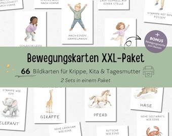 Pack of movement cards/activity cards for children in daycare/childminding; picture cards for kindergarten morning circle, printable A6 PDF