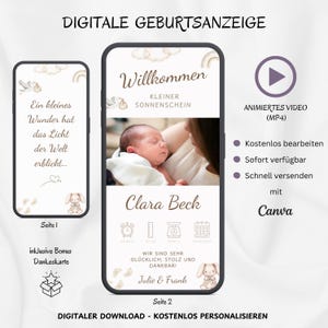 Anuncio de nacimiento digital neutral animado, tarjeta electrónica personalizable anuncio de nacimiento WhatsApp foto, tarjeta de nacimiento móvil bebé, plantilla Canva