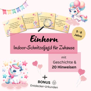 Indoor scavenger hunt for children 5-8 years, unicorn treasure hunt to print, scavenger hunt for children&#39;s birthdays, treasure hunt PDF download rhyme form