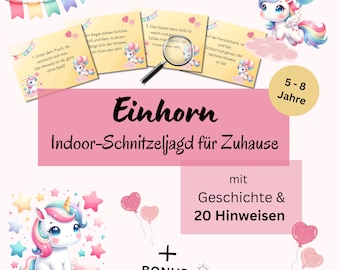 Indoor scavenger hunt for children 5-8 years, unicorn treasure hunt to print, scavenger hunt for children's birthdays, treasure hunt PDF download rhyme form