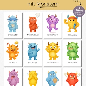 Könnte beinhalten: Ein Set von 37 Gefühlskarten mit farbenfrohen Cartoon-Monstern, die jeweils ein anderes Gefühl darstellen. Die Karten tragen deutschen Text, darunter "37 GefühlsKarten" und Emotionsbezeichnungen wie "Entspannt" und "Wütend".
