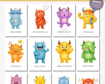 Monster Gefühlskarten Kinder Gefühle lernen, Karten Emotionen Kinder Montessori Lernkarten Download Emotionskarten Kinder zum Ausdrucken PDF