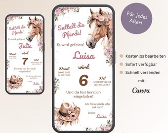 Invitation Anniversaire Enfant Chevaux Fille, Carte Invitation Numérique Personnalisable Fleurs Roses WhatsApp Cowgirl Anniversaire, Modèle Canva