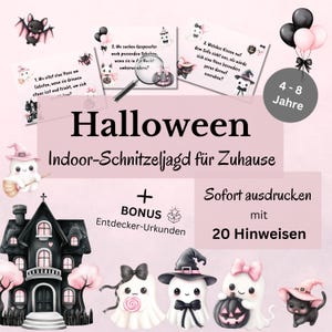 以下が含まれることがあります： 4～8歳向けのハロウィーンをテーマにした室内宝探しキット。お化け、コウモリ、お化け屋敷のイラストが特徴です。20個の手がかりとボーナス発見証明書が含まれています。「ハロウィーン」の文字が大きく表示されています。