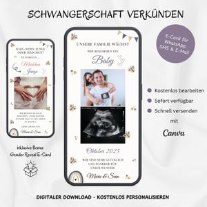 Announce pregnancy digitally WhatsApp, Personalizable baby announcement with photos, Individual neutral reveal e-card, template Canva