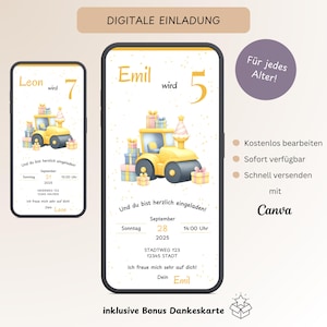 Invitation numérique anniversaire enfant chantier, carte d'invitation personnalisable WhatsApp rouleau compresseur, modèle ecard anniversaire garçon Canva