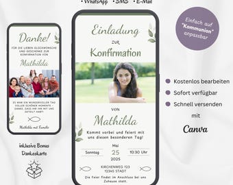 May include: A digital invitation for a confirmation ceremony. The invitation is decorated with green leaves and a photo of a young woman. The text on the invitation reads "Einladung zur Konfirmation von Mathilda".