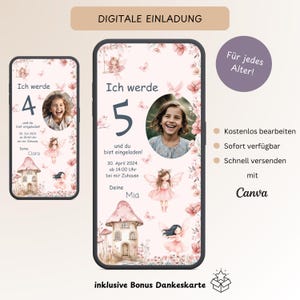 Fee Einladung Kindergeburtstag mit Foto, Personalisierbare digitale Einladungskarte Mädchen rosa, E-Card Geburtstag WhatsApp, Vorlage Canva